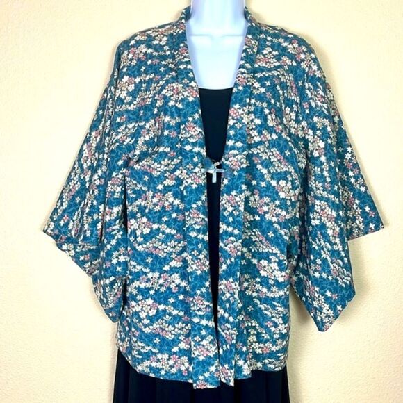 Authentic Japanese handmade Kimono cotton silk blue floral size small/medium - Picture 1 of 10